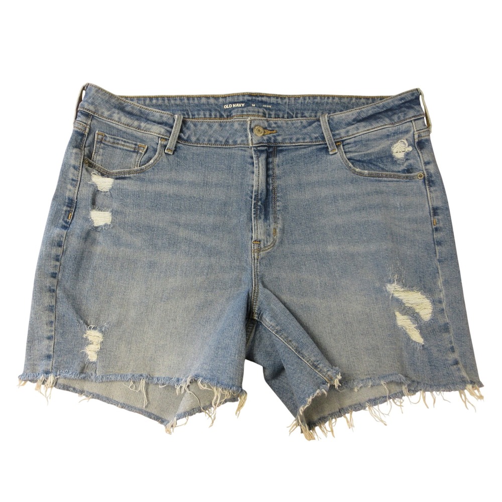 OLD NAVY Mid Rise Slim Midi Jean Shorts Sz 16 Kandi Blue Denim Distressed Jorts